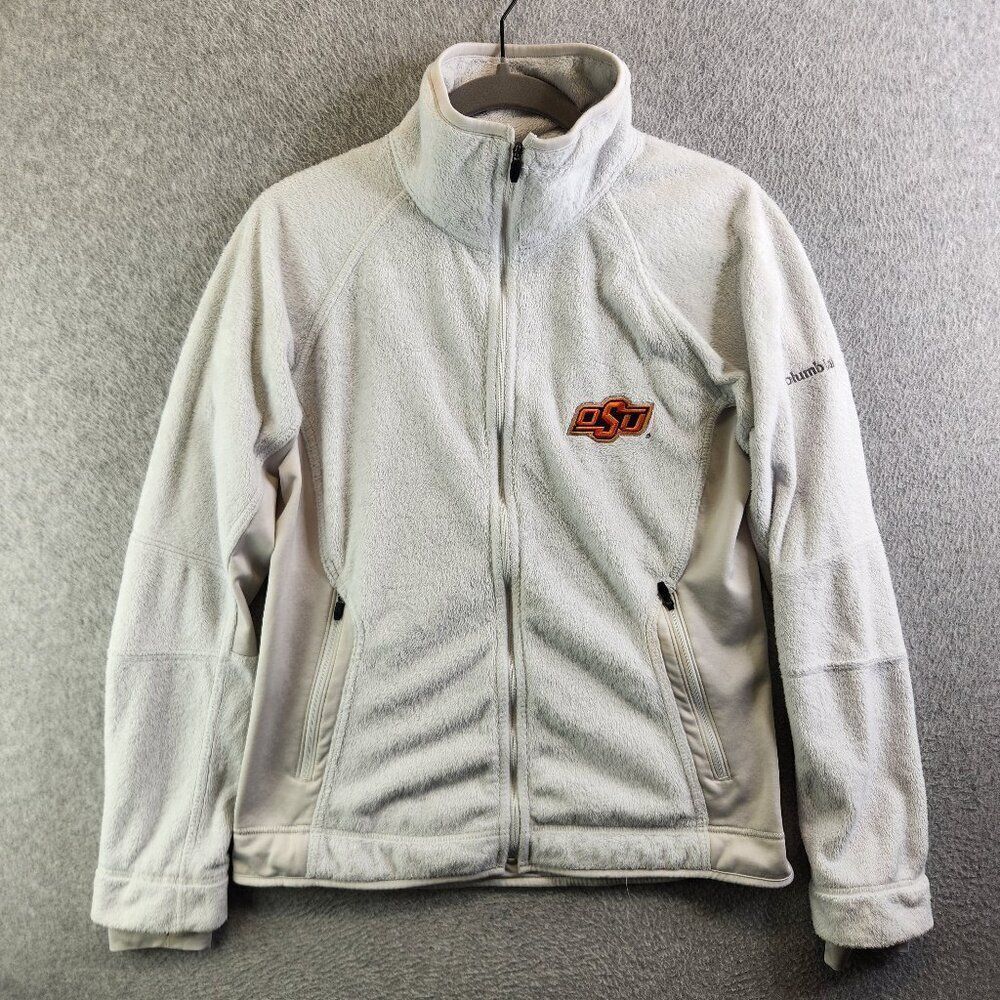 OSU Cowboys Jacket Womens M White Columbia Deep Pile Fleece Mock Neck Full Zip